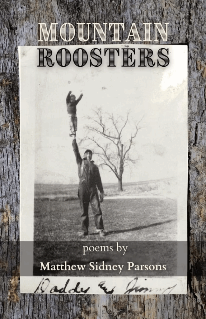 Black and white image of book "Mountain Roosters"--featuring man in overalls in a winter landscape holding up a small child in his hand in daring pose. 